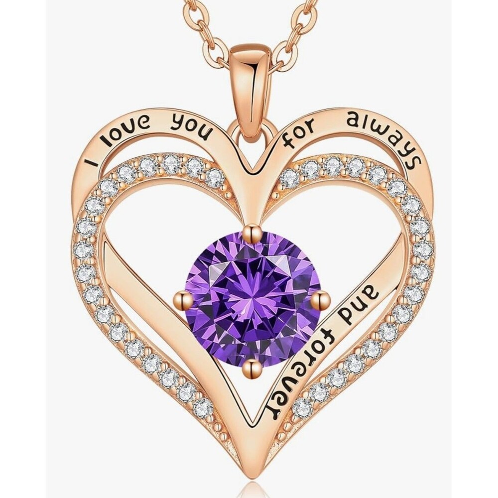 Purple February Heart Rose Gold Plated Necklace Jewelry w Gift Box